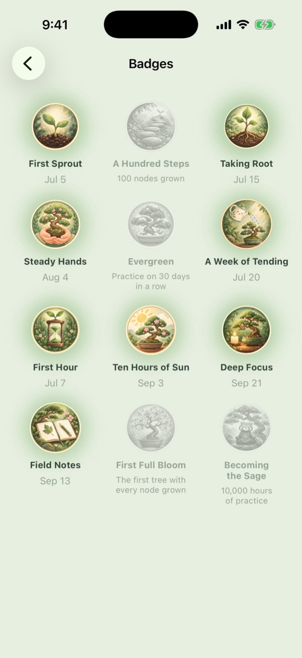 A wall of badges, some earned.